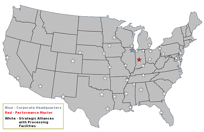 U.S. map showing Metal Master corporate headquarters in Illinois, Performance Master in Indiana, and strategic alliance processing facilities across the country